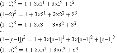 3$\rm(1+1)^3\,=\,1\,+\,3\times 1^1\,+\,3\times1^2\,+\,1^3
 \\ \\(1+2)^3\,=\,1\,+\,3\times 2^1\,+\,3\times2^2\,+\,2^3
 \\ \\(1+1)^3\,=\,1\,+\,3\times 3^1\,+\,3\times3^2\,+\,3^3
 \\ \\...
 \\ \\(1+[n-1])^3\,=\,1\,+\,3\times [n-1]^1\,+\,3\times [n-1]^2\,+\,[n-1]^3
 \\ \\(1+n)^3\,=\,1\,+\,3\times n^1\,+\,3\times n^2\,+\,n^3